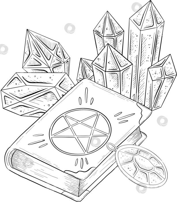 Скачать Набор гравюр с мистической магией. Нарисованные от руки эскизы в стиле тату с изображением хрустального шара, кристаллов, зелий, карт, трав и свечей. Тема магии, тайн и колдовства фотосток Ozero