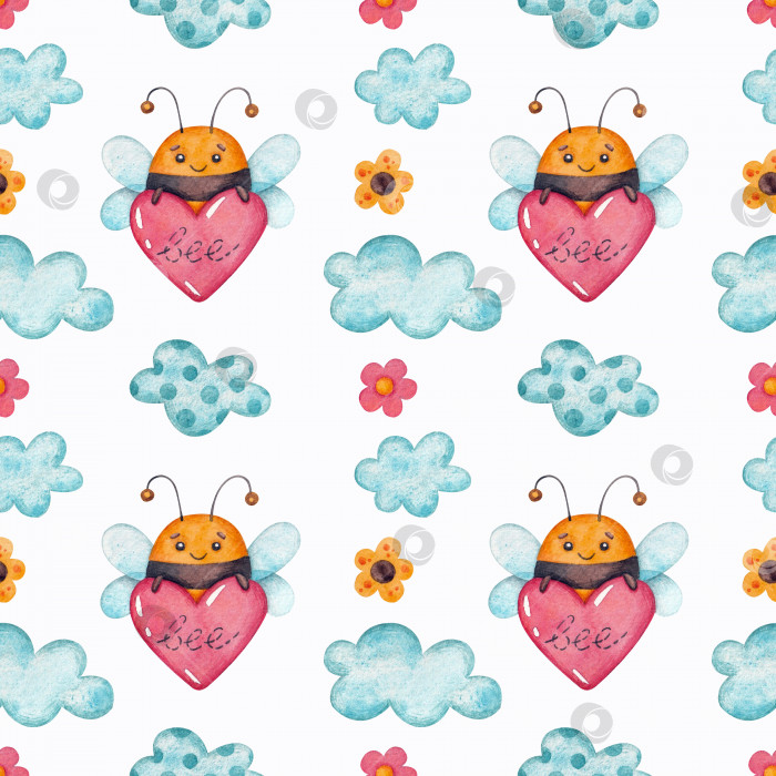 Скачать Бесшовный узор с изображением пчелы с сердечком и цветами на белом фоне. фотосток Ozero