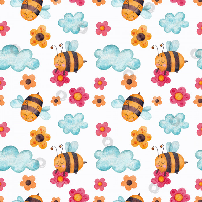 Скачать Бесшовный узор с пчелами и цветами в облаках на белом фоне. фотосток Ozero