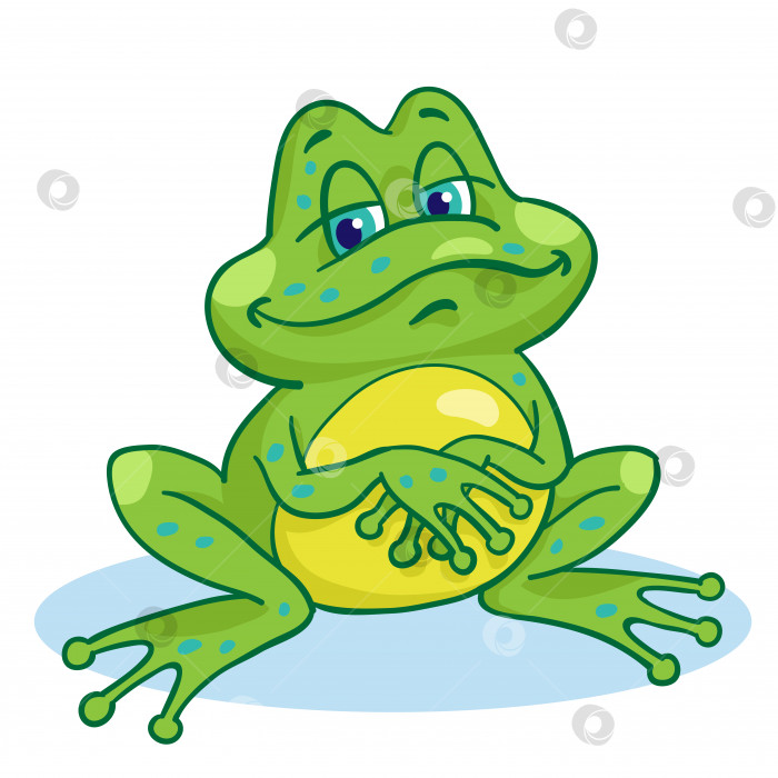 Скачать Забавная задумчивая жаба в мультяшном стиле сидит на поляне. фотосток Ozero