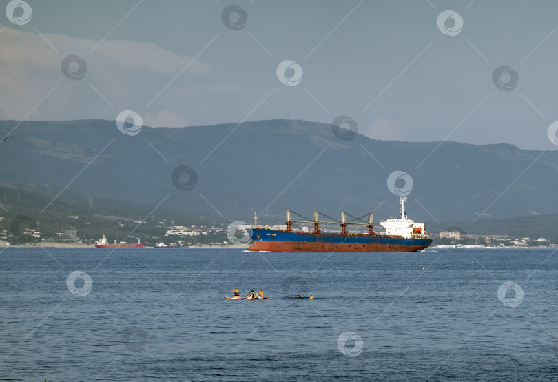 Скачать 24 августа 2025 года: Крупное грузовое судно заходит в порт Новороссийска, Россия, на Черном море, демонстрируя морской транспорт, промышленное судоходство и береговую инфраструктуру. фотосток Ozero