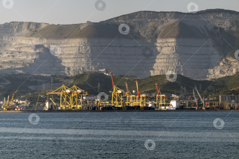 Скачать 22 августа 2025 года, вид порта Новороссийск, Россия, с грузовыми судами и кранами на побережье. Промышленный морской пейзаж на Черном море фотосток Ozero
