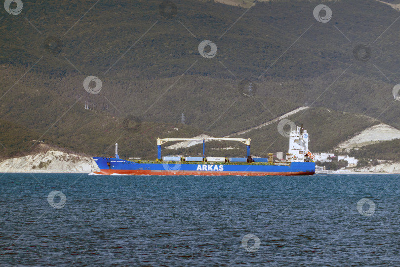 Скачать 24 августа 2025 года: Крупное грузовое судно заходит в порт Новороссийска, Россия, на Черном море, демонстрируя морской транспорт, промышленное судоходство и береговую инфраструктуру. фотосток Ozero