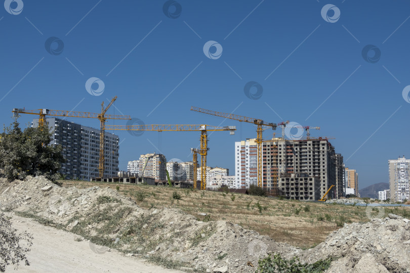 Скачать 24 августа 2025 года: В Новороссийске, Россия, строится новый жилой район с недостроенными монолитными жилыми домами и башенными кранами на фоне неба. фотосток Ozero