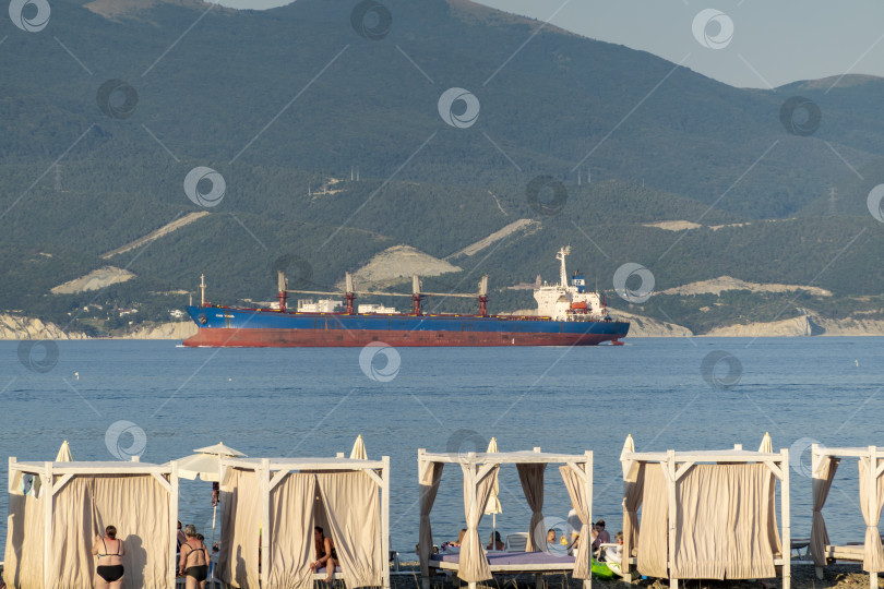 Скачать 24 августа 2025 года: Крупное грузовое судно заходит в порт Новороссийска, Россия, на Черном море, демонстрируя морской транспорт, промышленное судоходство и береговую инфраструктуру. фотосток Ozero