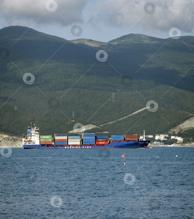 Скачать 24 августа 2025 года: Крупное грузовое судно заходит в порт Новороссийска, Россия, на Черном море, демонстрируя морской транспорт, промышленное судоходство и береговую инфраструктуру. фотосток Ozero