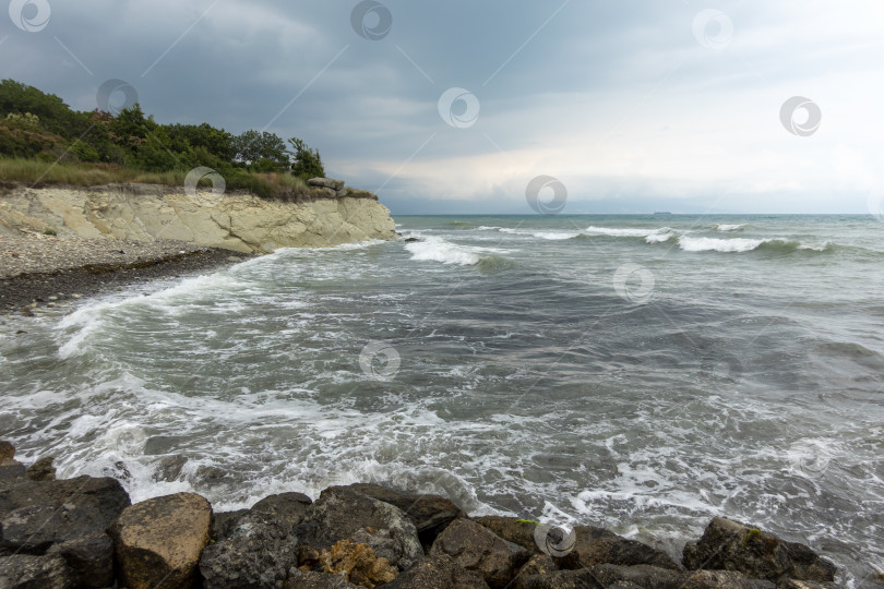 Скачать Панорамный вид на море со скалистого склона холма с соснами под ясным голубым летним небом фотосток Ozero