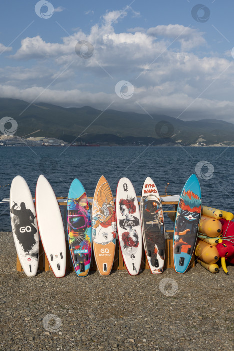 Скачать 28 июля 2025 года: Разноцветные доски для гребли, стоящие в ряд и сушащиеся на солнце на пляже в Новороссийске, Россия, отражают культуру летнего отдыха и водных видов спорта на Черноморском побережье. фотосток Ozero