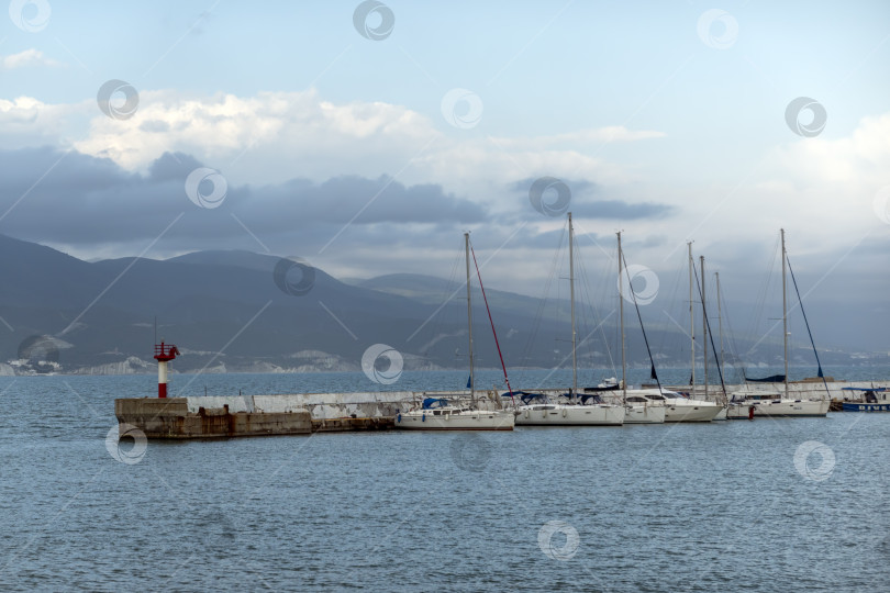 Скачать 28 июля 2025 года: Стоянка яхт вдоль набережной в Новороссийске, Россия, с пришвартованными яхтами у береговой линии, отражающими морскую жизнь и атмосферу Черноморской гавани. фотосток Ozero