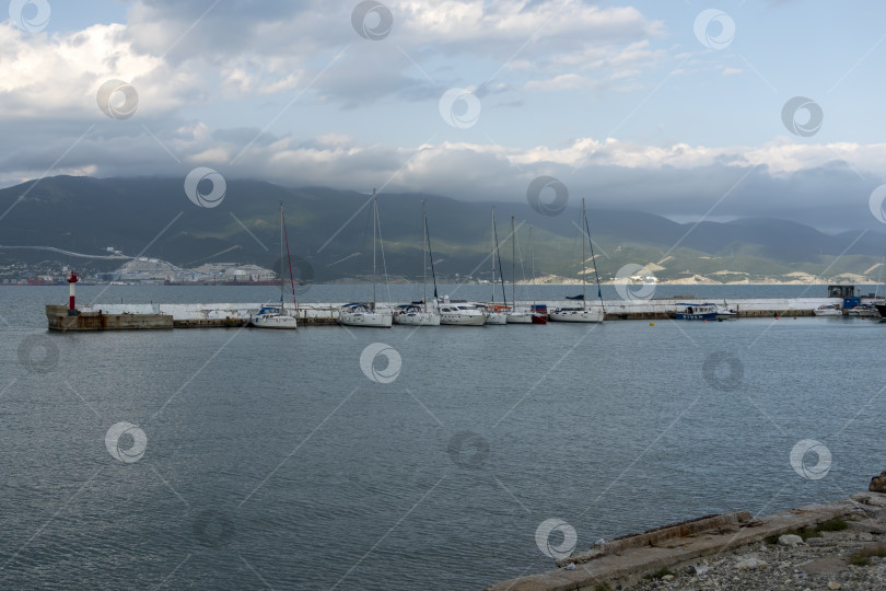 Скачать 28 июля 2025 года: Стоянка яхт вдоль набережной в Новороссийске, Россия, с пришвартованными яхтами у береговой линии, отражающими морскую жизнь и атмосферу Черноморской гавани. фотосток Ozero