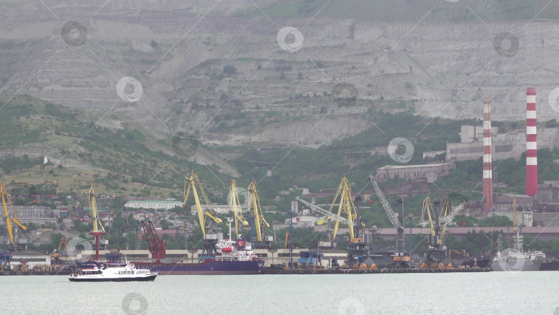 Скачать 22 августа 2025 года, вид порта Новороссийск, Россия, с грузовыми судами и кранами на побережье. Промышленный морской пейзаж на Черном море фотосток Ozero