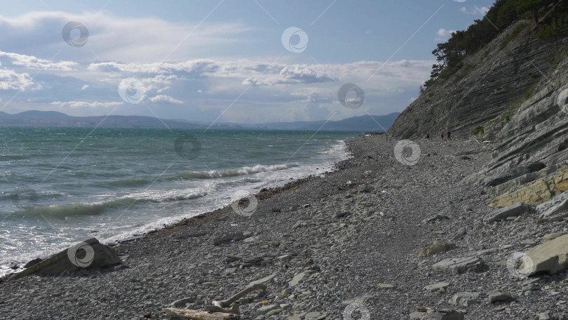 Скачать Панорамный вид на море со скалистого склона холма с соснами под ясным голубым летним небом фотосток Ozero