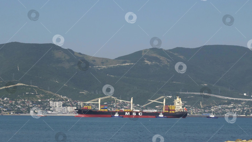 Скачать 24 августа 2025 года: Крупное грузовое судно заходит в порт Новороссийска, Россия, на Черном море, демонстрируя морской транспорт, промышленное судоходство и береговую инфраструктуру. фотосток Ozero