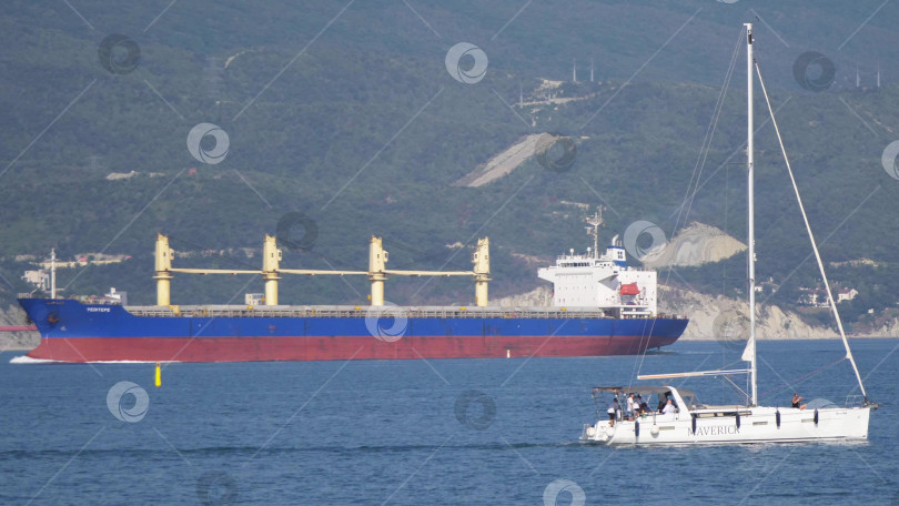 Скачать 24 августа 2025 года: Крупное грузовое судно заходит в порт Новороссийска, Россия, на Черном море, демонстрируя морской транспорт, промышленное судоходство и береговую инфраструктуру. фотосток Ozero