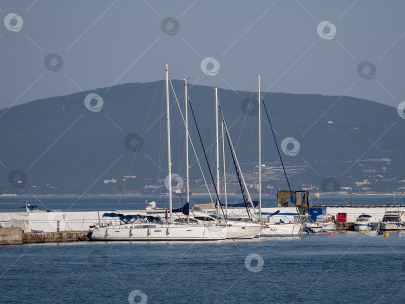 Скачать 12 августа 2025 года: Небольшие парусные яхты пришвартованы в порту Новороссийска, Россия, на фоне гор. фотосток Ozero