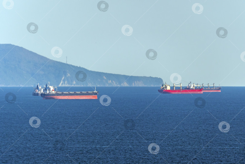 Скачать 22 августа 2025 года Нефтяные танкеры ожидают погрузки в Цемесской бухте близ Новороссийска, Россия, на Черном море. Крупные суда стоят на якоре у берега фотосток Ozero