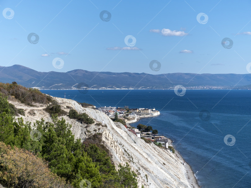 Скачать Панорамный вид на море со скалистого склона холма с соснами под ясным голубым летним небом фотосток Ozero