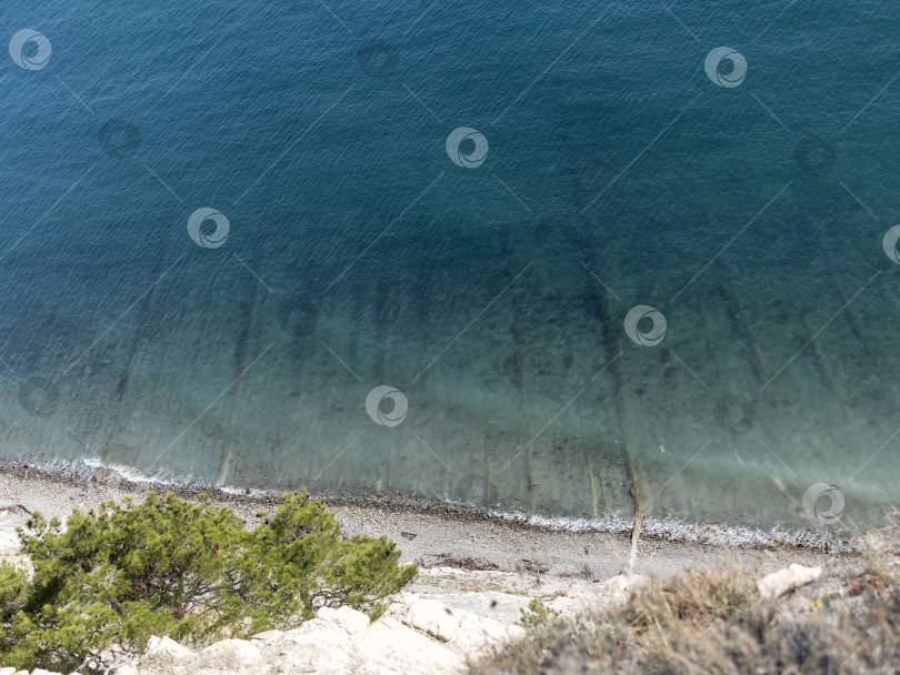 Скачать Панорамный вид на море со скалистого склона холма с соснами под ясным голубым летним небом фотосток Ozero