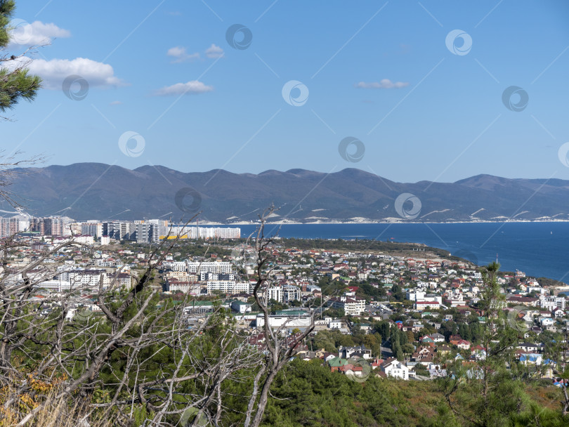 Скачать 12 августа 2025 года Вид сверху с горы Колдун на море и береговую линию в направлении курортного поселка Мысхако близ Новороссийска, Россия, на побережье Черного моря. Прибрежный ландшафт и береговая линия фотосток Ozero