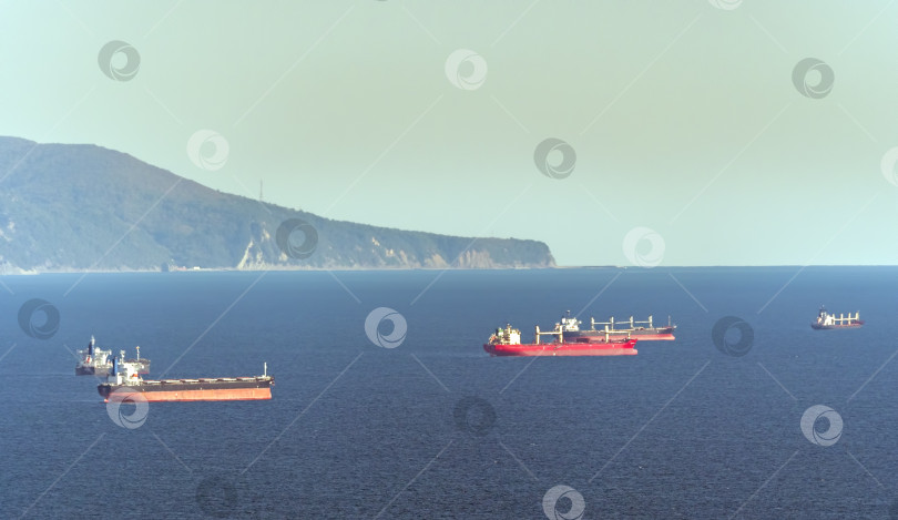 Скачать 22 августа 2025 года Нефтяные танкеры ожидают погрузки в Цемесской бухте близ Новороссийска, Россия, на Черном море. Крупные суда стоят на якоре у берега фотосток Ozero