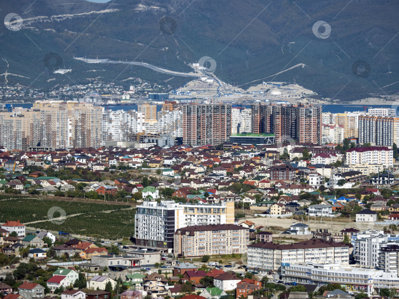 Скачать 22 августа 2025 года, Южный район Новороссийска, вид с горы Колдун, Россия, на побережье Черного моря. Городская территория и прибрежный ландшафт, вид сверху фотосток Ozero