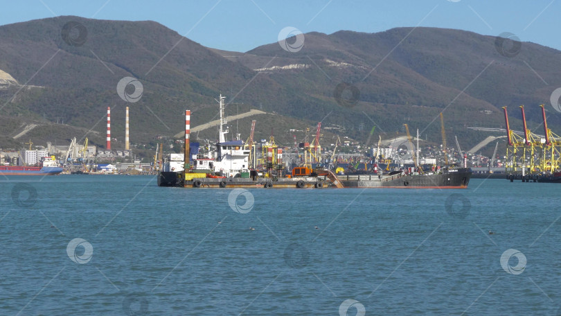 Скачать 22 августа 2025 года, вид порта Новороссийск, Россия, с грузовыми судами и кранами на побережье. Промышленный морской пейзаж на Черном море фотосток Ozero