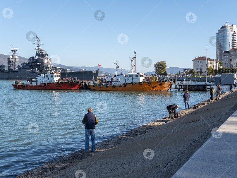 Скачать 22 августа 2025 года, вид порта Новороссийск, Россия, с грузовыми судами и кранами на побережье. Промышленный морской пейзаж на Черном море фотосток Ozero
