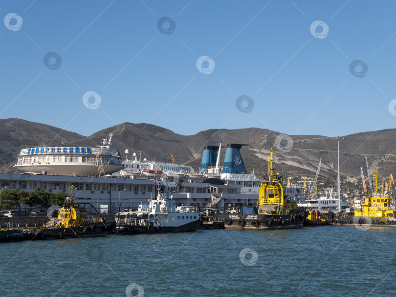 Скачать 22 августа 2025 года, вид порта Новороссийск, Россия, с грузовыми судами и кранами на побережье. Промышленный морской пейзаж на Черном море фотосток Ozero