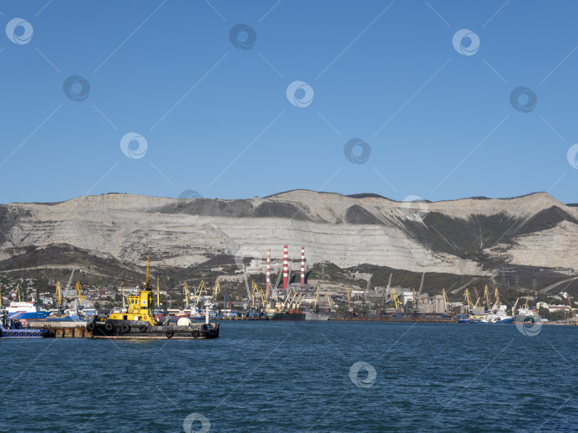 Скачать 22 августа 2025 года, вид порта Новороссийск, Россия, с грузовыми судами и кранами на побережье. Промышленный морской пейзаж на Черном море фотосток Ozero