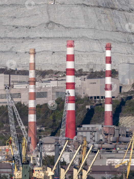 Скачать 22 августа 2025 года, вид порта Новороссийск, Россия, с грузовыми судами и кранами на побережье. Промышленный морской пейзаж на Черном море фотосток Ozero