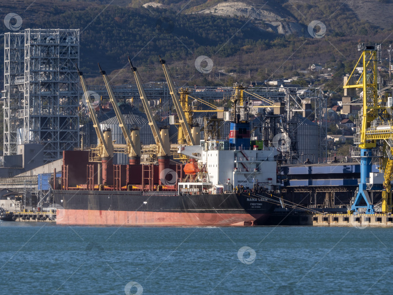 Скачать 22 августа 2025 года грузовое судно Nana Leen пришвартовалось в порту Новороссийска, Россия, на побережье Черного моря. Коммерческое судно пришвартовалось недалеко от гавани фотосток Ozero