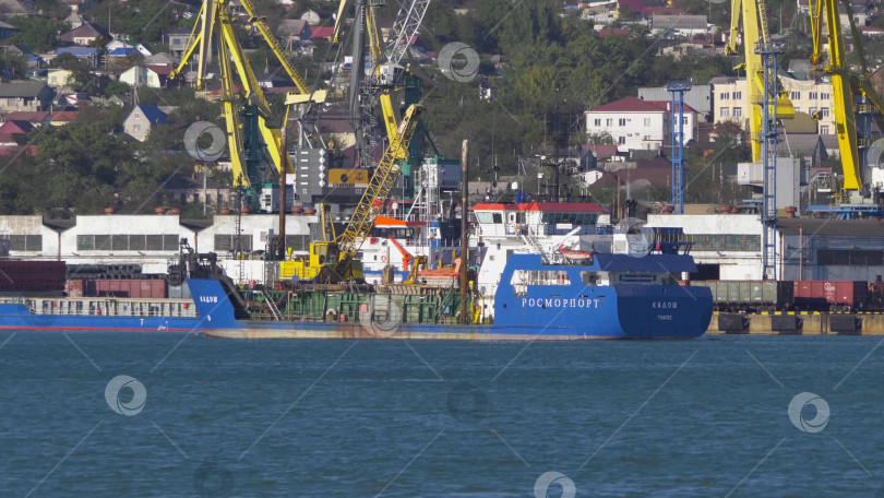 Скачать 22 августа 2025 года, вид порта Новороссийск, Россия, с грузовыми судами и кранами на побережье. Промышленный морской пейзаж на Черном море фотосток Ozero