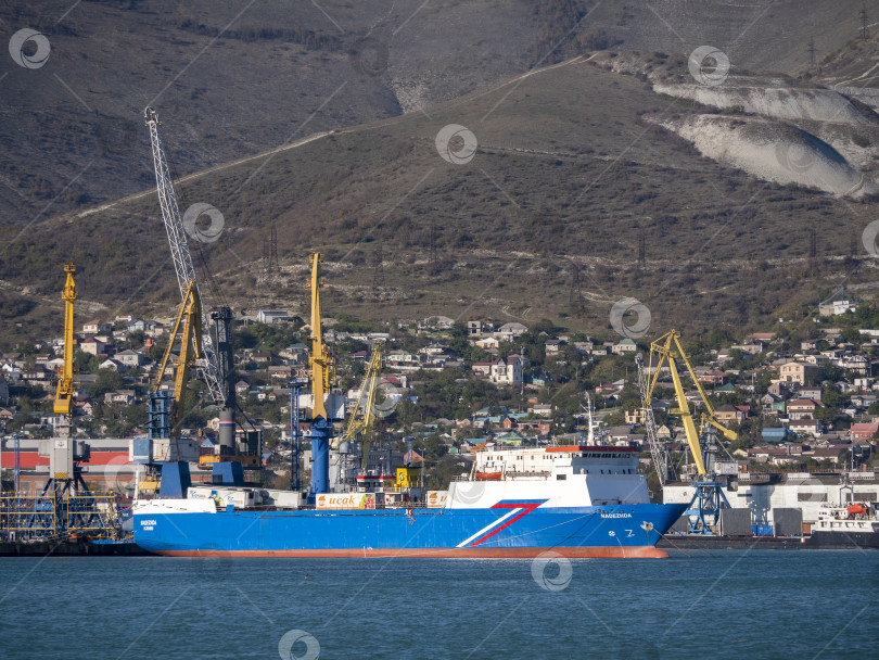 Скачать 22 августа 2025 года, вид порта Новороссийск, Россия, с грузовыми судами и кранами на побережье. Промышленный морской пейзаж на Черном море фотосток Ozero