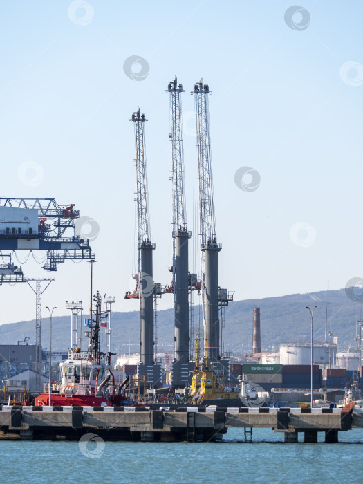 Скачать 22 августа 2025 года, вид порта Новороссийск, Россия, с грузовыми судами и кранами на побережье. Промышленный морской пейзаж на Черном море фотосток Ozero