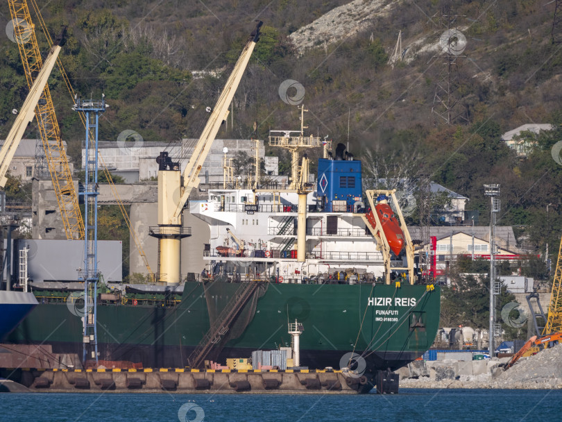 Скачать 22 августа 2025 года, вид порта Новороссийск, Россия, с грузовыми судами и кранами на побережье. Промышленный морской пейзаж на Черном море фотосток Ozero