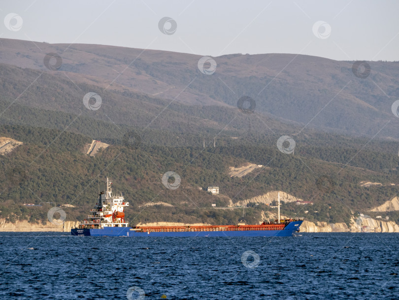 Скачать 22 августа 2025 года грузовое судно "Эге Бей" проплыло мимо Новороссийска, Россия, по Черному морю. Крупное коммерческое судно движется вдоль береговой линии фотосток Ozero