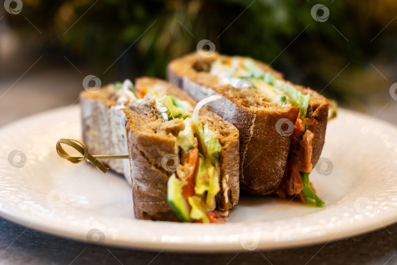 Скачать Сэндвич с начинкой. Вкусный поджаренный сэндвич с овощами и беконом внутри фотосток Ozero