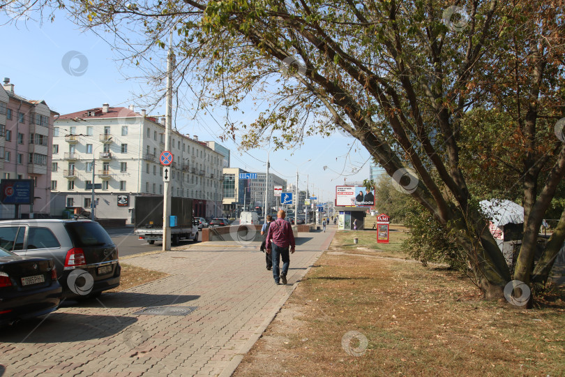 Скачать Беларусь, Минск - 22.09.2024: Яркая уличная сцена. Люди прогуливаются мимо припаркованных домов. Осенний день, пешеходы среди деревьев. фотосток Ozero