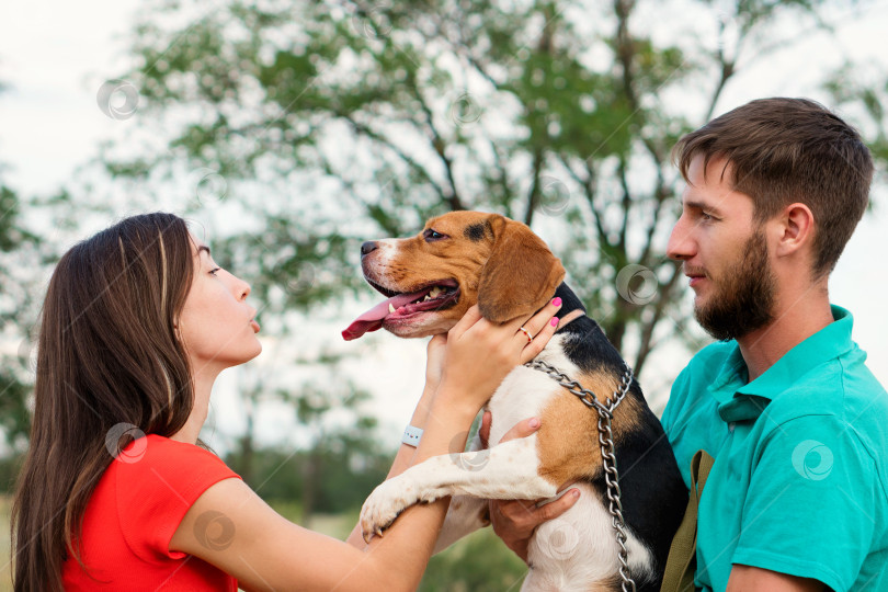 Скачать Любящие хозяева выгуливают собаку на свежем воздухе фотосток Ozero