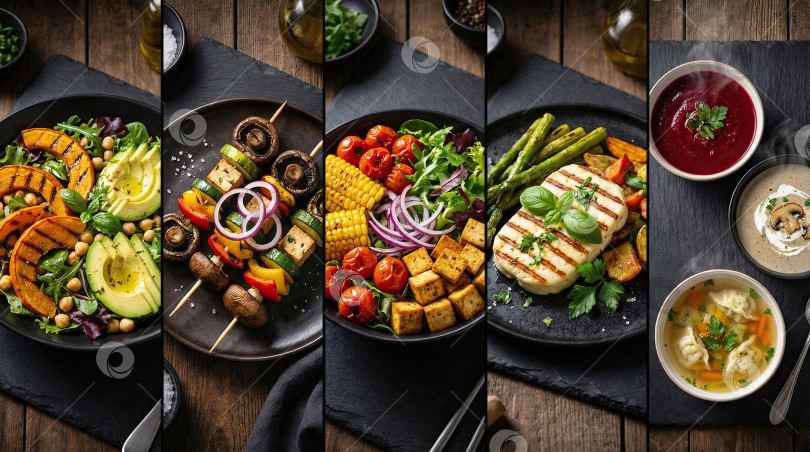 Скачать Коллаж из полезных блюд для гурманов: салат из запеченной тыквы и авокадо, овощные шашлыки, миска с тофу, сыр на гриле со спаржей и разнообразные супы на темном деревенском столе, созданный с помощью искусственного интеллекта. фотосток Ozero
