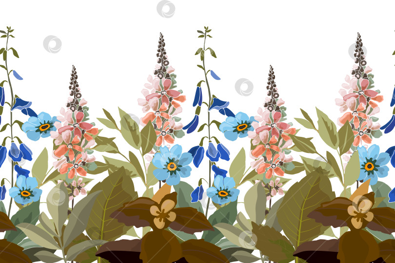Скачать Цветочный бесшовный горизонтальный узор, окаймленный луговыми цветами фотосток Ozero