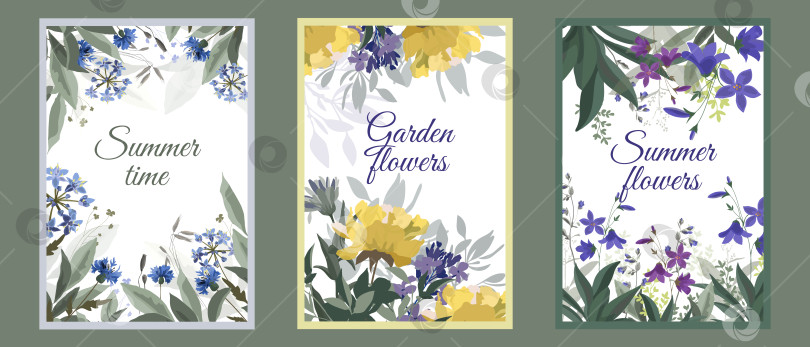 Скачать Векторные цветочные летние открытки с синими и желтыми цветами фотосток Ozero