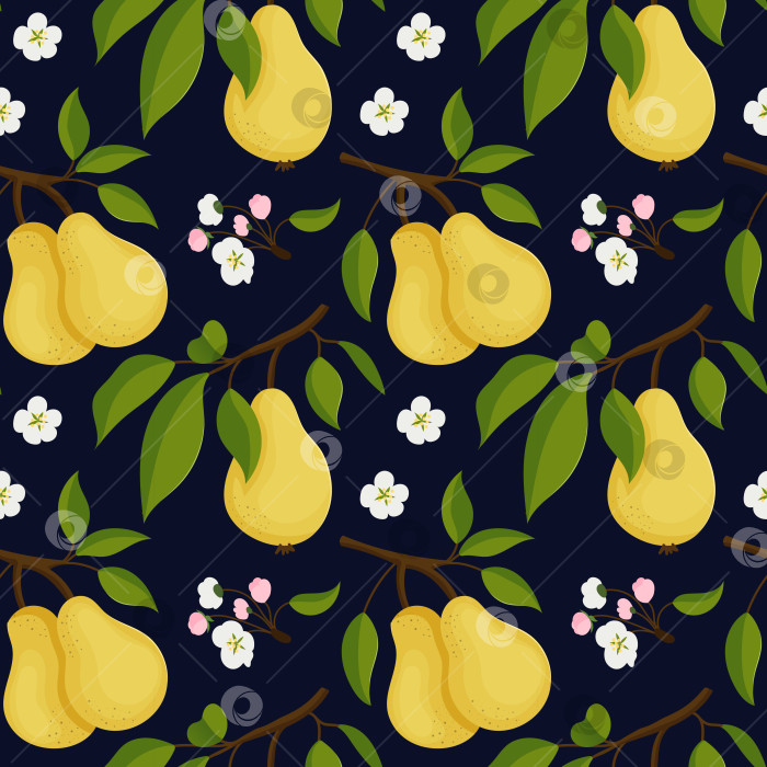 Скачать Бесшовный узор с грушами на ветвях дерева с цветами, темный фон фотосток Ozero