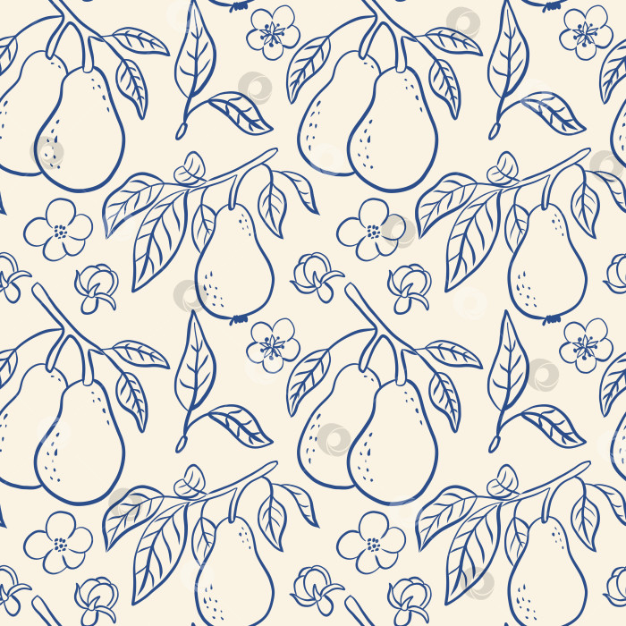 Скачать Бесшовный векторный узор с изображением нарисованных от руки груш с листьями и цветами в синем монохромном стиле. фотосток Ozero