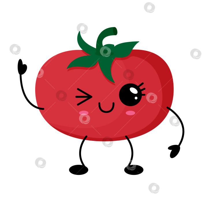 Скачать Симпатичный кавайный помидор со стеблем и листьями, подмигивающий одним глазом и весело улыбающийся фотосток Ozero