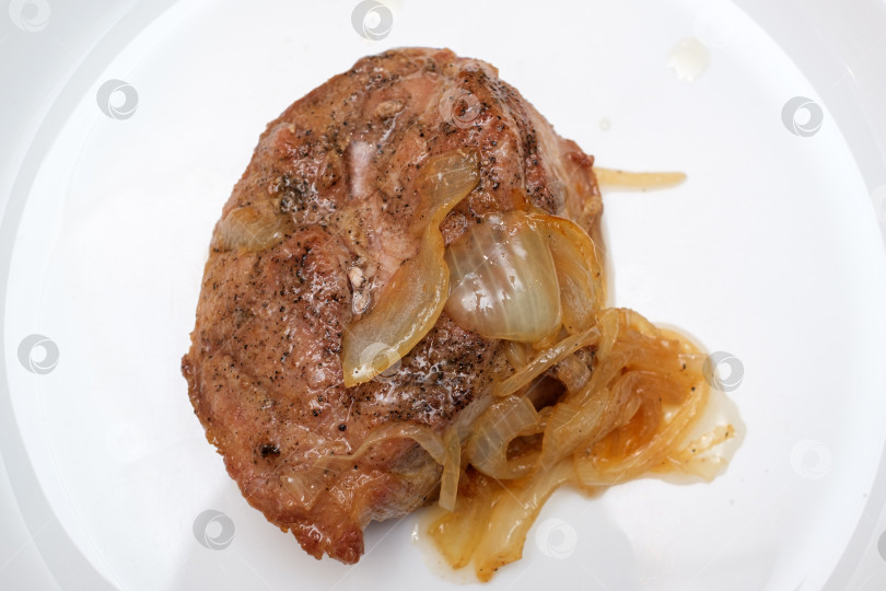 Скачать сочный обжаренный кусок мяса с луком на белой тарелке фотосток Ozero