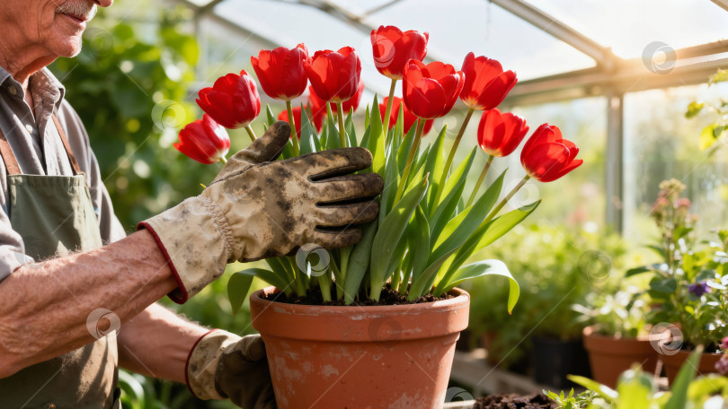 Скачать Пожилой мужчина в перчатках, в теплице, ухаживает за красными тюльпанами растущими в горшке фотосток Ozero