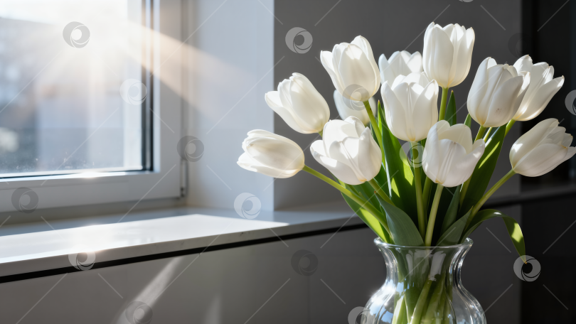 Скачать Белые тюльпаны в стеклянной вазе на подоконнике у окна фотосток Ozero