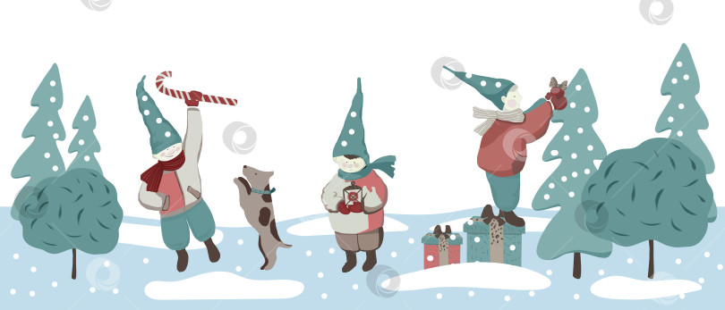 Скачать Рождественский бесшовный узор с тремя эльфами в шапочках фотосток Ozero