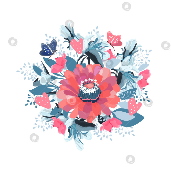 Скачать Векторный букет цветов с бабочками и сердечками фотосток Ozero